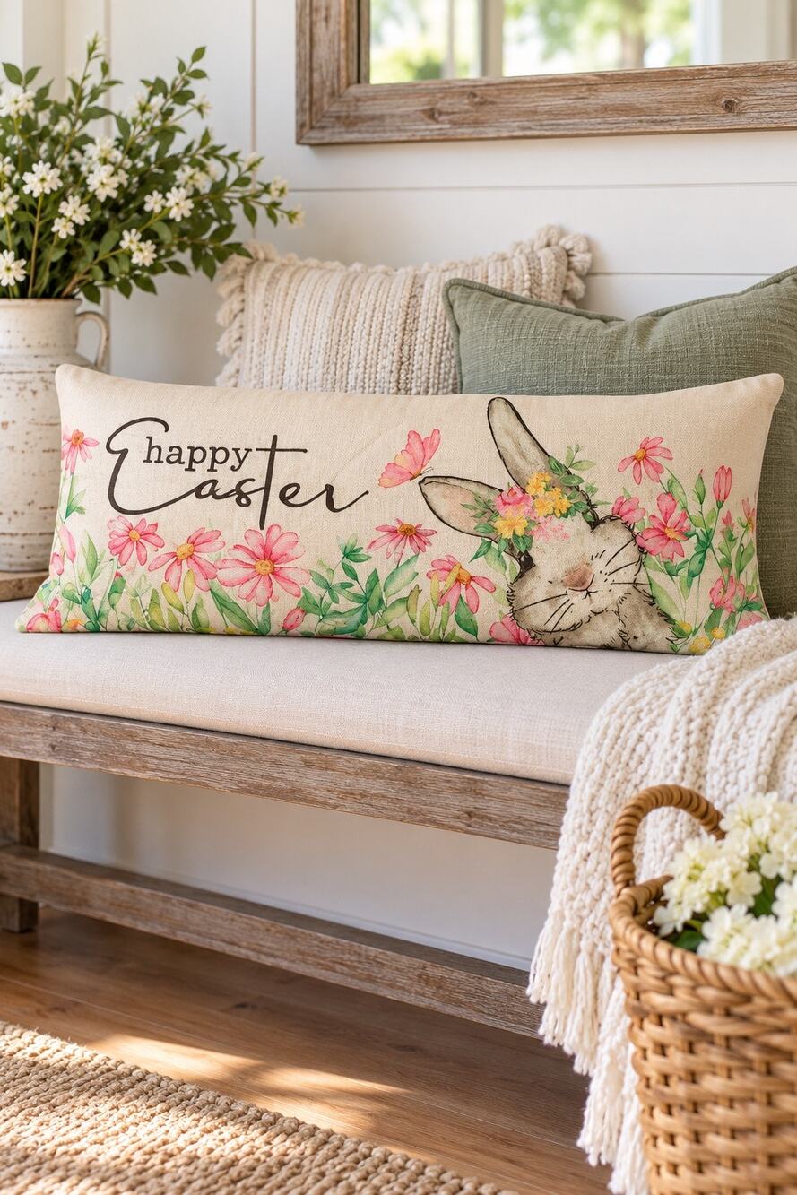 Easter Bunny Pillow Cover 14x35 Happy Easter Floral Spring Lumbar Farmhouse